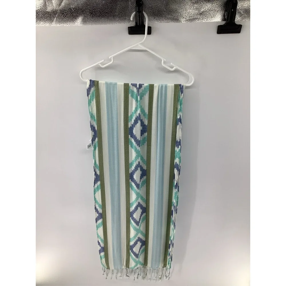 Ikat Diamond Stripe Scarf Teal Olive Blue Lightweight Fringe Wrap Boho Accessory